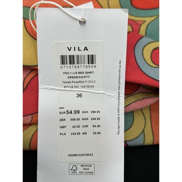 Vila Violy EU36 Petite (US 6) Midi Shirt Dress Floral Tomato Purée Retro NWT - Picture 6 of 11